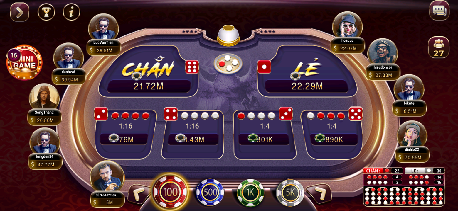 App screenshot of the main game lobby and selection